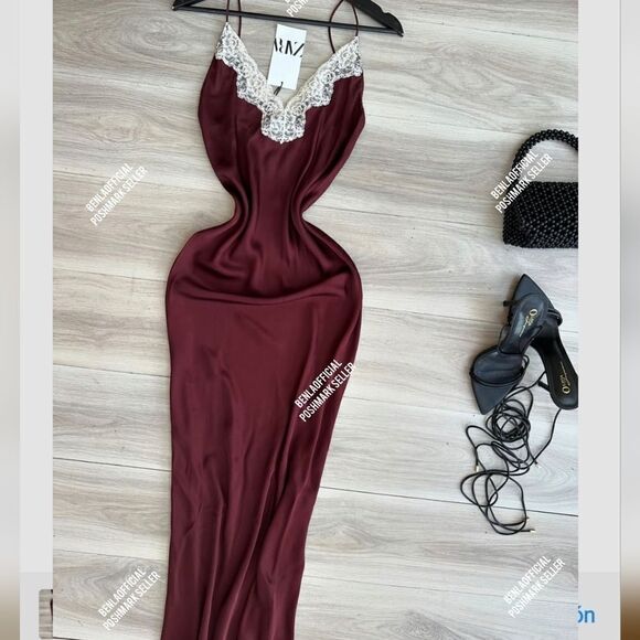 NWT ZARA LACE SLIP DRESS ZW COLLECTION satin silk maxi dress Lingerie Burgundy - Picture 7 of 16